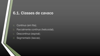 6.1. Classes de cavaco
a. Contínuo (em fita);
b. Parcialmente contínuo (helicoidal);
c. Descontínuo (espiral);
d. Segmentado (lascas).
 
