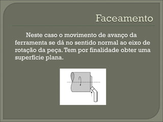 Neste caso o movimento de avanço da
ferramenta se dá no sentido normal ao eixo de
rotação da peça.Tem por finalidade obter uma
superfície plana.
 