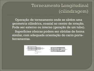 Operação de torneamento onde se obtém uma
geometria cilíndrica, coaxial ao centro de rotação.
Pode ser externo ou interno (geração de um tubo).
Superfícies cônicas podem ser obtidas de forma
similar, com adequada orientação do carro porta-
ferramentas.
 