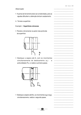 ...............................................
...............................................
...............................................
...............................................
...............................................
...............................................
...............................................
...............................................
...............................................
...............................................
...............................................
...............................................
...............................................
...............................................
...............................................
...............................................
...............................................
...............................................
...............................................
...............................................
...............................................
...............................................
...............................................
...............................................
...............................................
...............................................
...............................................
...............................................
...............................................
...............................................
...............................................
...............................................
...............................................
...............................................
...............................................
...............................................
...............................................
...............................................
...............................................
...............................................
...............................................
3 9
SENAI-PR
0202 - TORNEARIA - CTMI
Observação
w A ponta da ferramenta deve ser arredondada, pois as
agudas dificultam a obtenção de bom acabamento.
4. Torneie a superfície
Exemplo I - Superfícies côncavas
w Penetre a ferramenta na parte mais profunda
da superfície.
w Desloque a espera até A, com os movimentos
simultaneamente de deslocamento (a1
) e
profundidade (P1), e realize o primeiro passe.
w Desloque a espera até B e, os movimentos (a2) e (p2),
simultaneamente, realice o segundo passe.
 