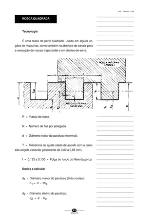 ...............................................
...............................................
...............................................
...............................................
...............................................
...............................................
...............................................
...............................................
...............................................
...............................................
...............................................
...............................................
...............................................
...............................................
...............................................
...............................................
...............................................
...............................................
...............................................
...............................................
...............................................
...............................................
...............................................
...............................................
...............................................
...............................................
...............................................
...............................................
...............................................
...............................................
...............................................
...............................................
...............................................
...............................................
...............................................
...............................................
...............................................
...............................................
...............................................
...............................................
...............................................
6 8
SENAI-PR
0202 - TORNEARIA - CTMI
Tecnologia
É uma rosca de perfil quadrado, usada em alguns ór-
gãos de máquinas, como também na abertura de canais para
a execução de roscas trapezoidal e em dentes-de-serra.
P = Passo da rosca.
N = Número de fios por polegada.
d = Diâmetro maior do parafuso (nominal).
T = Tolerância de ajuste (dada de acordo com a preci-
são exigida variando geralmente de 0,02 a 0,05 mm).
f = 0,125 a 0,130 = Folga do fundo do filete da porca
Dados a calcular
d1 - Diâmetro menor do parafuso (0 do núcleo):
d1 = d - 2he
d2 - Diâmetro efetivo do parafuso:
d2 = d - he
ROSCA QUADRADA
 