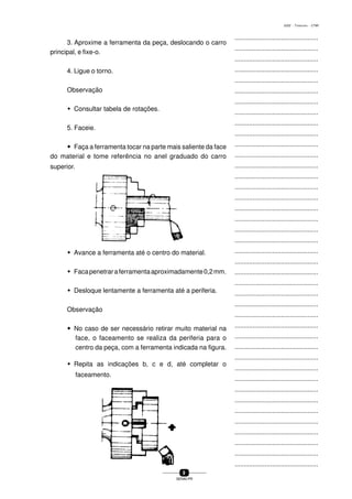 ...............................................
...............................................
...............................................
...............................................
...............................................
...............................................
...............................................
...............................................
...............................................
...............................................
...............................................
...............................................
...............................................
...............................................
...............................................
...............................................
...............................................
...............................................
...............................................
...............................................
...............................................
...............................................
...............................................
...............................................
...............................................
...............................................
...............................................
...............................................
...............................................
...............................................
...............................................
...............................................
...............................................
...............................................
...............................................
...............................................
...............................................
...............................................
...............................................
...............................................
...............................................
9
SENAI-PR
0202 - TORNEARIA - CTMI
3. Aproxime a ferramenta da peça, deslocando o carro
principal, e fixe-o.
4. Ligue o torno.
Observação
w Consultar tabela de rotações.
5. Faceie.
wwwww Faça a ferramenta tocar na parte mais saliente da face
do material e tome referência no anel graduado do carro
superior.
w Avance a ferramenta até o centro do material.
w Facapenetraraferramentaaproximadamente0,2mm.
w Desloque lentamente a ferramenta até a periferia.
Observação
wwwww No caso de ser necessário retirar muito material na
face, o faceamento se realiza da periferia para o
centro da peça, com a ferramenta indicada na figura.
w Repita as indicações b, c e d, até completar o
faceamento.
 