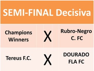 SEMI-FINAL Decisiva
                  Rubro-Negro
Champions
 Winners      X      C. FC

                  DOURADO
Tereus F.C.
              X    FLA FC
 