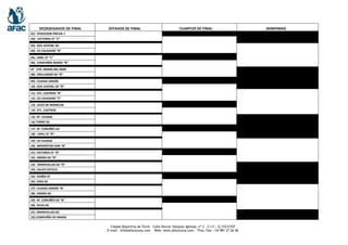 Cidade Deportiva da Torre – Calle Doctor Vázquez Iglesias, nº 2 - C.I.F.: G-15212707
E-mail: info@afacoruna.com Web: www.afacoruna.com - Tfno./fax: +34 981 27 26 56
DEZASEISAVOS DE FINAL OITAVOS DE FINAL CUARTOS DE FINAL SEMIFINAIS
01) VENCEDOR PREVIA 1
02) VICTORIA CF “C”
03) OZA JUVENIL SD
04) CD CALASANZ “B”
05) URAL CF “C”
06) COMPAÑÍA MARÍA “B”
07 STA. MARÍA DEL MAR
08) ORILLAMAR SD “B”
09) CIUDAD JARDÍN
10) OZA JUVENIL SD “B”
11) ATL. CASTROS “B”
12) CD CALASANZ “C”
13) LICEO DE MONELOS
14) ATL. CASTROS
15) SP. CIUDAD
16) TORRE SD
17) SP. CORUÑÉS SD
18) URAL CF “B”
19) CD CIUDAD
20) IMPERÁTOR OAR “B”
21) VICTORIA CF “B”
22) ORZÁN SD “B”
23) MARAVILLAS SD “B”
24) CALVO SOTELO
25) VIOÑO CF
26) EIRIS SD
27) CIUDAD JARDÍN “B”
28) ORZÁN SD
29) SP. CORUÑÉS SD “B”
30) SILVA SD
31) MARAVILLAS SD
32) COMPAÑÍA DE MARÍA
 
