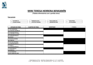 Cidade Deportiva da Torre – Calle Doctor Vázquez Iglesias, nº 2 - C.I.F.: G-15212707
E-mail: info@afacoruna.com Web: www.afacoruna.com - Tfno./fax: +34 981 27 26 56
MINI TERESA HERRERA BENXAMÍN
(Tódalas eliminatorias son a partido único)
Fase previa:
OITAVOS DE FINAL CUARTOS DE FINAL SEMIFINAIS F I N A L
01) ADC OBRADOIROSP.
02) SPORTING CORUÑÉS SD
03) VENCEDOR PREVIA 4
04) COMPAÑÍA DE MARÍA
05) VENCEDOR PREVIA 2
06) EIRIS SD
07) ATLÉTICO CASTROS
08) TORRE SD
09) SCD SAN CRISTÓBAL
10) VENCEDOR PREVIA 1
11) URAL CF
12) VENCEDOR PREVIA 3
13) ORILLAMAR SD
14) ORZAN SD
15) RC DEPORTIVO
16) STA. MARÍA DEL MAR
1
VICTORIA CF
2
MARAVILLAS SD
3
OZA JUVENIL SD
4
XESUITINAS
CIUDAD JARDÍN ATLÉTICO CORUÑA IMPERÁTOR OAR CD CALASANZ
 