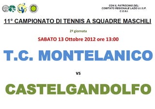 2ª giornata

   SABATO 13 Ottobre 2012 ore 13:00


T.C. MONTELANICO
                  vs


CASTELGANDOLFO
 