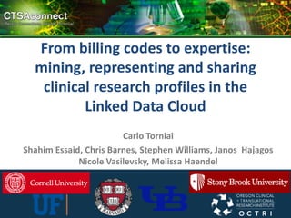 From billing codes to expertise:
  mining, representing and sharing
   clinical research profiles in the
          Linked Data Cloud
                        Carlo Torniai
Shahim Essaid, Chris Barnes, Stephen Williams, Janos Hajagos
             Nicole Vasilevsky, Melissa Haendel
 