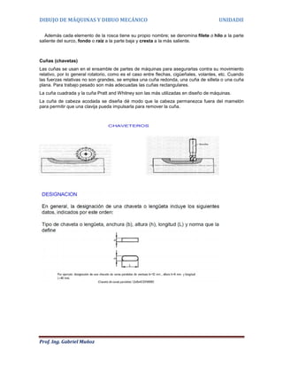 DIBUJO DE MÁQUINAS Y DIBUO MECÁNICO                                                    UNIDADII

  Además cada elemento de la rosca tiene su propio nombre; se denomina filete o hilo a la parte
saliente del surco, fondo o raíz a la parte baja y cresta a la más saliente.



Cuñas (chavetas)
Las cuñas se usan en el ensamble de partes de máquinas para asegurarlas contra su movimiento
relativo, por lo general rotatorio, como es el caso entre flechas, cigüeñales, volantes, etc. Cuando
las fuerzas relativas no son grandes, se emplea una cuña redonda, una cuña de silleta o una cuña
plana. Para trabajo pesado son más adecuadas las cuñas rectangulares.
La cuña cuadrada y la cuña Pratt and Whitney son las más utilizadas en diseño de máquinas.
La cuña de cabeza acodada se diseña dé modo que la cabeza permanezca fuera del mamelón
para permitir que una clavija pueda impulsarla para remover la cuña.




Prof. Ing. Gabriel Muñoz
 