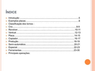 ÍNDICE
   Introdução ..............................................................................................5
   Exemplos placas.....................................................................................6
   Classificação dos tornos :
   Cnc......................................................................................................8-9
   Revolver............................................................................................10-11
   Vertical..............................................................................................12-13
   Placa................................................................................................14-15
   Copiador...........................................................................................16-17
   Produção.........................................................................................18-19
   Semi-automático..............................................................................20-21
   Especial...........................................................................................22-23
   Ferramentas....................................................................................23-30
   Principais operações:
 