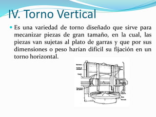 IV. Torno Vertical 
 Es una variedad de torno diseñado que sirve para 
mecanizar piezas de gran tamaño, en la cual, las 
piezas van sujetas al plato de garras y que por sus 
dimensiones o peso harían difícil su fijación en un 
torno horizontal. 
 