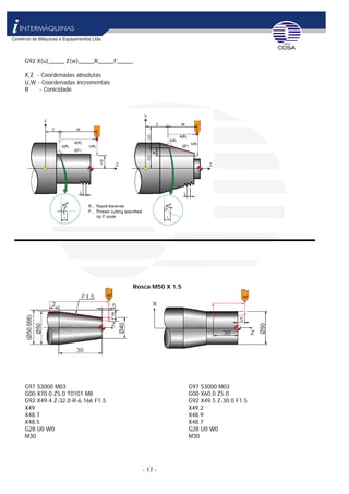 - 17 -
G92 X(u)_____ Z(w)_____R_____F_____
X,Z - Coordenadas absolutas
U,W - Coordenadas incrementais
R - Conicidade
Rosca M50 X 1.5
G97 S3000 M03 G97 S3000 M03
G00 X70.0 Z5.0 T0101 M8 G00 X60.0 Z5.0
G92 X49.4 Z-32.0 R-6.166 F1.5 G92 X49.5 Z-30.0 F1.5
X49 X49.2
X48.7 X48.9
X48.5 X48.7
G28 U0 W0 G28 U0 W0
M30 M30
 