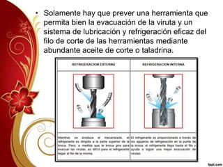 • Solamente hay que prever una herramienta que 
permita bien la evacuación de la viruta y un 
sistema de lubricación y refrigeración eficaz del 
filo de corte de las herramientas mediante 
abundante aceite de corte o taladrina. 
 