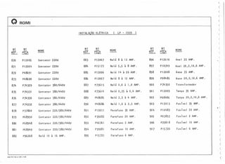 (
(
Q ROMI
(
(
I NSTALAÇAo ELtTRICA ( )
(
LP - 1939 ,(
(
(
N'? N'?
NOME
N'? N'?
NOME
N'? N'?
NOME
(
REF. PEÇA REF. PEÇA RIF. PEÇA (
870 PI2005 Contator 220V 883 PI2007 Relê 8 à 12 AMP. 896 PI2010 Anel 35 AMP.
(
, (
871 PI2004 Contator 220V 884 P15177 Relê 5,5 ã 8 AMP. 897 PI0349 Anel 20 , 2 , I O,6 AMP. (
872 p48691 Contator 220V 885 PI2006 Re lê 14 ã 20 AMP. 898 P12008 Base 35 AMP.
(
873 p48690 Contator 220V 886 PI2007 Re 1ê 8 à 12 AMP. 899 p08485 Base 20,2,10,6
(
AMP.
(
874 P74329 Contator 380/440V 887 P73615 ReI ê 0,6 ã I, O AMP. 900 P74350 Transformador (
875 P74331 Contator 380/440V 888 P73614 Relê 0,25 ã 0,4 AMP. 901 PI2009 Tampa 35 AMP.
(
(
876 P74330 Con ta to r 380/440V 889 p48685 Relé 2,5 a 4 AMP. 902 ip08486 Tampa 20,2, 10 ,6 AMP. (
877 P74332 Contator 380/440V 890 p48686 Re lê 1,6 a 2,5 AMP. 903 PI2013 Fusível 35 AMP. (
878 P37860 Contator 220/380/440v 891 PI2011 Pa rafuso 35 AMP. 904 PI0483 Fusível 20 AMP.
.(
(
879 p68950 Contator 220/380/440v 892 P39282 Parafuso 20 AMP. 905 P03853 Fusível 2 AMP. (
880 p68948 Contator 2201380/440V 893 p46761 Parafuso 2 AMP. 906 P29818 Fusível 10 AMP.
(
(
881 p68949 Contator 220/380/440V 894 P39281 Parafuso 10 AMP. 907 P 15 720 Fus í ve I 6 AMP.
(
882 P96268 Relê 10 à 16 AMP. 895 PI5721 Parafuso 6 AMP. (
(
(
(
(
OQ')(')&:./I,Q/,Q
(
 
