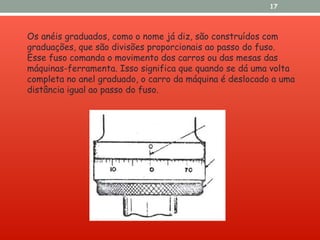 17
Os anéis graduados, como o nome já diz, são construídos com
graduações, que são divisões proporcionais ao passo do fuso.
Esse fuso comanda o movimento dos carros ou das mesas das
máquinas-ferramenta. Isso significa que quando se dá uma volta
completa no anel graduado, o carro da máquina é deslocado a uma
distância igual ao passo do fuso.
 