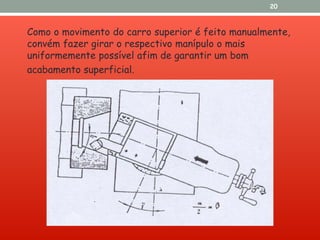 Como o movimento do carro superior é feito manualmente,
convém fazer girar o respectivo manípulo o mais
uniformemente possível afim de garantir um bom
acabamento superficial.
20
 