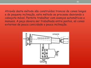 Através deste método são construídos troncos de cones longos
e de pequena inclinação, este método se processa desviando o
cabeçote móvel. Permite trabalhar com avanços automáticos e
manuais. A peça devera ser trabalhada entre pontos, só cones
externos de pouca conicidade o pouca inclinação.
21
 