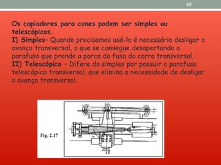 Os copiadores para cones podem ser simples ou
telescópicos.
I) Simples– Quando precisamos usá-lo é necessário desligar o
avanço transversal, o que se consegue desapertando o
parafuso que prende a porca do fuso do carro transversal.
II) Telescópico – Difere do simples por possuir o parafuso
telescópico transversal, que elimina a necessidade de desligar
o avanço transversal.
22
 