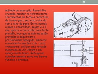 Método de execução: Recartilha
cruzada, montar na torreta porta
ferramentas do torno a recartilha
de forma que o seu eixo coincida
com o eixo da peça. Entre pontos
a peça a recartilhar, sejam 2 o 3
mm, aplicar a recartilha com forte
pressão, logo que as estrias estão
gravadas e adquiriram a
profundidade desejada, embrear
o movimento mecânico do carro
transversal, utilizar uma rotação
moderada de 20-25rpm e um
avanço muito baixo. Refrigerar
abundantemente salvo nos ferros
fundido e bronzes.
25
 