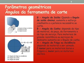 Parâmetros geométricos
Ângulos da ferramenta de corte
6
G - Angulo de Saída: Quando o ângulo
de saída diminui, aumenta o esforço
cisalhante e a potencia necessária ao
corte.
B - Angulo de Cunha: depende do tipo
de material, da peça, da ferramenta e
do tipo de serviço. Para materiais de
grande resistência ou serviços de
desbaste aumenta-se o ângulo de cunha.
A - Angulo de Folga ou incidência:
depende do material a ser usinado.
É menor para os materiais duros e
frágeis e, maior para os materiais
dúcteis.
 