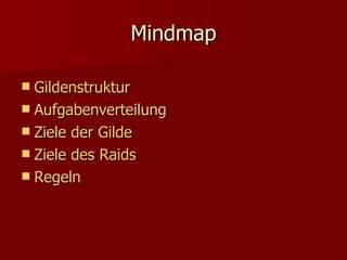 Mindmap Gildenstruktur Aufgabenverteilung Ziele der Gilde Ziele des  Raids Regeln 