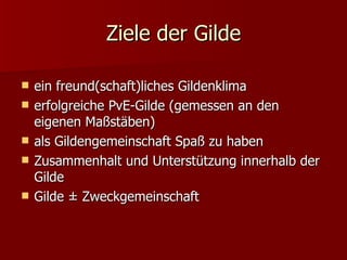 Ziele der Gilde ein freund(schaft)liches Gildenklima  erfolgreiche PvE-Gilde (gemessen an den eigenen Maßstäben)  als Gildengemeinschaft Spaß zu haben  Zusammenhalt und Unterstützung innerhalb der Gilde  Gilde ± Zweckgemeinschaft  