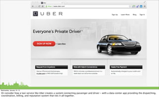 Wednesday, January 16, 13

Or consider how a taxi service like Uber creates a system connecting passenger and driver - with a data-center app providing the dispatching,
coordination, billing, and reputation system that ties it all together.
 