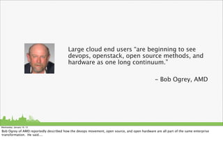 Large cloud end users “are beginning to see
                                         devops, openstack, open source methods, and
                                         hardware as one long continuum.”

                                                                                               - Bob Ogrey, AMD




Wednesday, January 16, 13

Bob Ogrey of AMD reportedly described how the devops movement, open source, and open hardware are all part of the same enterprise
transformation. He said....
 
