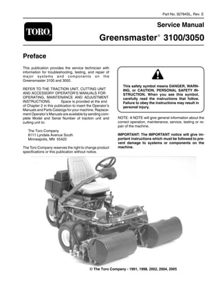 Part No. 92784SL, Rev. E
Service Manual
Greensmaster®
3100/3050
Preface
This publication provides the service technician with
information for troubleshooting, testing, and repair of
major systems and components on the
Greensmaster 3100 and 3050.
REFER TO THE TRACTION UNIT, CUTTING UNIT
AND ACCESSORY OPERATOR’S MANUALS FOR
OPERATING, MAINTENANCE AND ADJUSTMENT
INSTRUCTIONS. Space is provided at the end
of Chapter 2 in this publication to insert the Operator’s
Manuals and Parts Catalogs for your machine. Replace­
ment Operator’s Manuals are available by sending com­
plete Model and Serial Number of traction unit and
cutting unit to:
The Toro Company
8111 Lyndale Avenue South
Minneapolis, MN 55420
The Toro Company reserves the right to change product
specifications or this publication without notice.
This safety symbol means DANGER, WARN-
ING, or CAUTION, PERSONAL SAFETY IN-
STRUCTION. When you see this symbol,
carefully read the instructions that follow.
Failure to obey the instructions may result in
personal injury.
NOTE: A NOTE will give general information about the
correct operation, maintenance, service, testing or re­
pair of the machine.
IMPORTANT: The IMPORTANT notice will give im-
portant instructions which must be followed to pre-
vent damage to systems or components on the
machine.
© The Toro Company - 1991, 1998, 2002, 2004, 2005
 