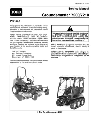 PART NO. 07150SL
Service Manual
Groundsmaster 7200/7210
Preface
The purpose of this publication is to provide the service
technician with information for troubleshooting, testing,
and repair of major systems and components on the
Groundsmaster 7200 and 7210.
REFER TO THE OPERATOR’S MANUAL FOR OPER-
ATING, MAINTENANCE AND ADJUSTMENT
INSTRUCTIONS. Space is provided in Chapter 2 of this
book to insert the Operator’s Manual and Parts Catalog
for your machine. Replacement Operator’s Manuals
and Parts Catalogs are available on the internet at
www.Toro.com or by sending complete Model and
Serial Number to:
The Toro Company
Attn. Technical Publications
8111 Lyndale Avenue South
Bloomington, MN 55420–1196
The Toro Company reserves the right to change product
specifications or this publication without notice.
This safety symbol means DANGER, WARNING
or CAUTION, PERSONAL SAFETY INSTRUC-
TION. When you see this symbol, carefully read
the instructions that follow. Failure to obey the
instructions may result in personal injury.
NOTE: A NOTE will give general information about the
correct operation, maintenance, service, testing or
repair of the machine.
IMPORTANT: The IMPORTANT notice will give im-
portant instructions which must be followed to pre-
vent damage to systems or components on the
machine.
 The Toro Company – 2007
 