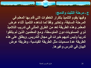 ج ـ مرحلة التثبت والدمج :  وفيها يقوم التلميذ بتكرار الخطوات التي قام بها المعلم في المرحلة السابقة، وتختبر وفقاً لما شاهده التلميذ أثناء عرض المعلم .  وهذه الطريقة تعد من الطرق المثلى في تدريب التلاميذ ذوي المستويات دون المتوسطة، ومع المعلمين الذين لم يتلقوا تدريباً وليس لديهم خبرات في مجال التدريس .  ويطلق على هذه الطريقة عدة مسميات مثل الطريقة القياسية، وطريقة عرض البيان في الدرس وغيرها . 