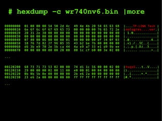# hexdump -c wr740nv6.bin |more
00000000 01 00 00 00 54 50 2d 4c 49 4e 4b 20 54 65 63 68 |....TP-LINK Tech |
00000010 6e 6f 6c 6f 67 69 65 73 00 00 00 00 76 65 72 2e |nologies....ver.|
00000020 20 31 2e 30 00 00 00 00 00 00 00 00 00 00 00 00 | 1.0............|
00000030 00 00 00 00 00 00 00 00 00 00 00 00 00 00 00 00 |................|
00000040 07 40 00 06 00 00 00 01 00 00 00 00 df 34 0f 03 |.@...........4..|
00000050 18 76 7d 82 2f 96 05 35 43 b2 be 7b 00 00 00 00 |.v}./..5C..{....|
00000060 d6 3b e9 70 2e 5b ca 44 4a e9 a7 33 e1 d9 9b ee |.;.p.[.DJ..3....|
00000070 00 00 00 00 80 00 20 00 80 1c cf b0 00 3e 02 00 |...... ......>..|
...
00120200 68 73 71 73 53 02 00 00 74 d1 1c 56 00 00 02 00 |hsqsS...t..V....|
00120210 29 00 00 00 02 00 11 00 e0 00 01 00 04 00 00 00 |)...............|
00120220 0b 0b 5b 0e 00 00 00 00 2b e6 2a 00 00 00 00 00 |..[.....+.*.....|
00120230 23 e6 2a 00 00 00 00 00 ff ff ff ff ff ff ff ff |#.*.............|
...
 