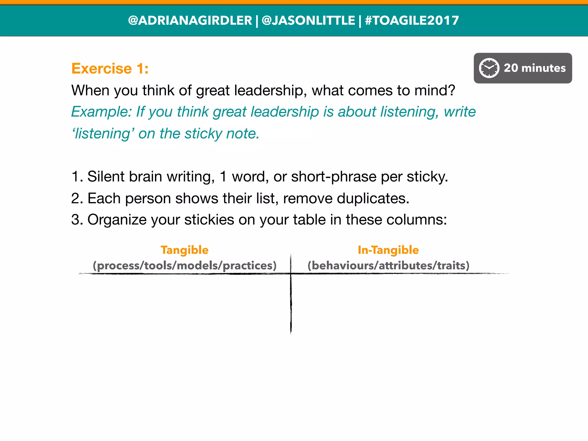 @ADRIANAGIRDLER | @JASONLITTLE | #TOAGILE2017
Exercise 1:
When you think of great leadership, what comes to mind?
Example: If you think great leadership is about listening, write
‘listening’ on the sticky note.
1. Silent brain writing, 1 word, or short-phrase per sticky.

2. Each person shows their list, remove duplicates.

3. Organize your stickies on your table in these columns:

Tangible
(process/tools/models/practices)
In-Tangible
(behaviours/attributes/traits)
20 minutes
 
