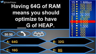 22© 2015. All Rights Reserved.
@VictorFAnjos
A: 64G
C: 16G
B: 32G
D: 8G
50:50
15
14
13
12
11
10
9
8
7
6
5
4
3
2
1
1 Million
500,000
250,000
125,000
64,000
32,000
16,000
8,000
4,000
2,000
1,000
500
300
200
100
@VictorFAnjos
Having 64G of RAM
means you should
optimize to have
___G of HEAP.
 