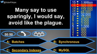 58© 2015. All Rights Reserved.
@VictorFAnjos
A: Batches
C: Secondary Indexes
B: Synchronous
D: MySQL
50:50
15
14
13
12
11
10
9
8
7
6
5
4
3
2
1
1 Million
500,000
250,000
125,000
64,000
32,000
16,000
8,000
4,000
2,000
1,000
500
300
200
100
@VictorFAnjos
Many say to use
sparingly, I would say,
avoid like the plague.
 