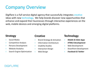 Company Overview
Digiflare is a full service digital agency that successfully integrates creative
ideas with new technology. We help brands discover new opportunities that
enhance and expand their businesses through interactive experiences on the
web, mobile devices and emerging digital platforms.



Strategy                         Creative                          Technology
›   Social Media                 ›   Brand Strategy & Activation   ›   Mobile & Slate Apps
›   Competitive Analysis         ›   Information Architecture      ›   HTML5 Development
›   Persona Development          ›   Usability Studies             ›   Web Development
›   Website Analytics            ›   Interaction Design            ›   SharePoint Development
›   Search Engine Optimization   ›   Web Design                    ›   Facebook & Twitter
 