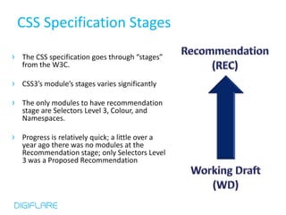 CSS Specification Stages

› The CSS specification goes through “stages”
   from the W3C.

› CSS3’s module’s stages varies significantly

› The only modules to have recommendation
   stage are Selectors Level 3, Colour, and
   Namespaces.

› Progress is relatively quick; a little over a
   year ago there was no modules at the
   Recommendation stage; only Selectors Level
   3 was a Proposed Recommendation
 