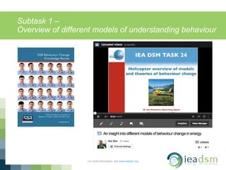 Subtask 1 –
Overview of different models of understanding behaviour
For more information, visit www.ieadsm.org
 