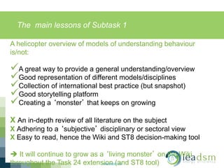 The main lessons of Subtask 1
www.ieadsm.org
A helicopter overview of models of understanding behaviour
is/not:
A great way to provide a general understanding/overview
Good representation of different models/disciplines
Collection of international best practice (but snapshot)
Good storytelling platform
Creating a ‘monster’ that keeps on growing
X An in-depth review of all literature on the subject
X Adhering to a ‘subjective’ disciplinary or sectoral view
X Easy to read, hence the Wiki and ST8 decision-making tool
 It will continue to grow as a ‘living monster’ on the Wiki
throughout the Task 24 extension (and ST8 tool)
 