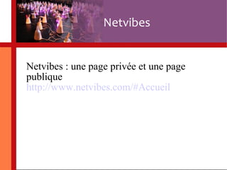 Netvibes : une page privée et une page publique http://www.netvibes.com/#Accueil Netvibes 