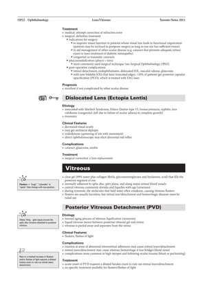 OP22 Ophthalmology
..... ,
Flllltars ="bugs", "cobwebs" or
"spDIJ"that ch111ge with eye position.
..... ,
..
Weiq" Ring-glial tissue around the
optic disc remails attached to posterior
vilnloUi.
New ora marked inc11asa in flollllrs
ancl/or flashes af light requires adilated
fundus exam to rule out retinaltlJIIJrs/
detacllment.
Lens/VitreoUB
Treatment
• medical: attempt correction ofrefractive error
• surgical: definitive treatment
• indications for surgery
Toronto Notes 2011
• to improvevisual function in patients whose visual lossleads to functional impairment
(patients maybe inclined to postpone surgeryas long as one eye has sufficientvision)
• to aid management ofother ocular disease (e.g. cataractthat prevents adequate retinal
exam orlasertreatment ofdiabetic retinopathy)
• congenitalortraumaticcataracts
• phacoemulsification (phaco =lens)
• most commonlyused surgical technique (see Surgical Ophthalmology. OP43)
• post-operative complications
• retinal detachment, endophthalmitis, dislocatedIOL, macular edema, glaucoma
• with newfoldable IOI:s that have truncated edges, <10% ofpatients get posterior capsular
opacification (PCO), which is treated with YAG laser
Prognosis
• excellentifnot complicated byother oculardisease
Dislocated Lens (Ectopia Lantis)
-------------------
Etiology
• associated with Marfan's Syndrome, Ehlers-Danlos type VI, homocystinurla, syphilis, lens
coloboma (congenitalcleft due to failure ofocular adnexa to complete growth)
• traumatic
Clinical Features
• decreasedvisual acuity
• may get unilateral diplopia
• iridodenesis (quivering ofiris with movement)
• direct ophthalmoscopy mayelicit abnormal red reflex
Complications
• cataract, glaucoma, uveitis
Treatment
• surgical correction ± lens replacement
Vitreous
• clear gel (99% water plus collagenfibrils, glycosaminoglycans and hyaluronic acid) that fills the
posterior segment ofeye
• normallyadherent to optic disc, pars plana, and along major retinal bloodvessels
• centralvitreous commonlyshrinks andliquefieswith age (syneresis)
• during syneresis,the molecules that held water often condense, causing vitreous floaters
• :O.oaters are usually harmless, but retinal tear/detachment and hemorrhagic diseases must be
ruled out
Posterior Vitreous Detachment (PVD)
Etiology
• normal aging process ofvitreousliquification (syneresis)
• liquidvitreous moves between posterior vitreous gel and retina
• vitreous is peeled away and separates from the retina
Clinical Features
• :O.oaters, flashes oflight
Complications
• traction at areas ofabnormal vitreoretinal adhesions may cause retinal tears/detachment
• retinal tears/detachment maycause vitreous hemorrhageiftear bridgesbloodvessel
• complications more common inhigh myopes and following ocular trauma (blunt or perforating)
Treatment
• acute onsetofPVD requires a dilated fundus exam to rule outretinal tears/detachment
• no specifictreatment available for floaters/flashes oflight
 