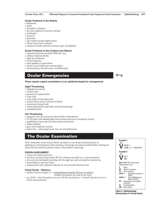 Toronto Notes 2011 Dl1fermtialDlagnolesofCommon Pre8entaliom/Oclllarl!mergmci5/0cularI!Jam.inalion Ophthalmology OPS
Ocular Problems in the Elderly
• blepharitis
• ptosis
• entropion, ectropion
• dry eyes, epiphora (excessive tearing)
• presbyopia
• cataracts
• glaucoma
• age-related macular degeneration
• retinal artery/vein occlusion
• temporal arteritis (arteritic ischemic optic neuropathy)
Ocular Problems in the Contact Lens Wearer
• superficial punctate keratitis (SPK)/dry eyes
• solution hypersensitivity
• tight lens syndrome
• corneal abrasion
• giant papillaryconjunctivitis
• sterile corneal infiltrates (immunologic)
• infected ulcers (Pseudomonas, Acanthamoeba)
Ocular Emergencies
These require urgent consultation to an ophthalmologist for management
Sight Threatening
• lid/globe lacerations
• corneal ulcer
• gonococcal conjunctivitis
• acute iritis
• acute angle-closure glaucoma
• central retinal artery occlusion (CRAO)
• intraocularforeign body
• retinal detachment (especiallymacula threatening)
• endophthalmitis
Life Threatening
• proptosis (rule out cavernous sinus fistula or thrombosis)
• CN III palsy with dilated pupil (intracranial aneurysm or neoplastic lesion)
• papilledema (must rule out intracranial mass lesion)
• orbital cellulitis
• giant cell (temporal) arteritis
• leukocoria - white pupil (must rule out retinoblastoma)
The Ocular Examination
Note: Sometimes vision maybe blurry secondary to eye drops/ointment/mucus or
applying too much pressure when patching. Encourage the patient to blink before starting the
exam and wait until the patient's vision is clear before continuing.
VISION ASSESSMENT
• always testvisual acuity first
• test best corrected visual acuity (BCVA) whenever possible (i.e. corrective lenses)
• test each eye individually, starting with the right eye, and covering the untested eye
• assess distance and near vision
• improvement with a pinhole indicates an uncorrected refractive error
Visual Acuity- Distance
• Snellen Fraction (Figure 5) = testing distance (usually 20 feet or 6 metres)
smallestline patient can read on the chart
• e.g. 20/40 =what the patient can see at 20 feet (numerator), a person can see at
40 feet (denominator)
Exlmple1
sc
V20140-1
20180 +2 20125 PH
Exli1J11Ie2
cc
VCFJ'
HM
NDIII: RIGHT EYEvisual acuity
always listed on top.
V Vision
Sl: Wrthout correction
1:1: Wrth coi1'8Ction
20/40 ·1 All wa:upt one llllter of
20/40
20/88+2 All of20180 plus two
letters of 20170
PH Visulllacuity wi1h pinhole
correction
I:F Counting fingers
HM Hand motion
Figura 5. Ophthalmalagy
Nomenclature for Visual Acuity
 