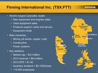 Finning International Inc. (TSX:FTT)
Vancouver
(head office)
Edmonton
Fort McMurray
Santiago
Antofagasta
Cannock
British
Columbia
Yukon
Alberta
The Northwest
Territories
Bolivia
Argentina
Chile
Uruguay
United
Kingdom
Ireland
 World’s largest Caterpillar dealer:
 New equipment and engines sales
 Used equipment sales
 Products support / parts and service
 Equipment rental
 Main industries:
 Mining (oil sands, copper, coal)
 Construction
 Power systems
 Key statistics:
 Market cap ~ $4.0 billion
 2012 revenue = $6.6 billion
 2012 EPS = $1.90
 Quarterly dividend = $0.1525/share
 ~15,000 employees
3
 