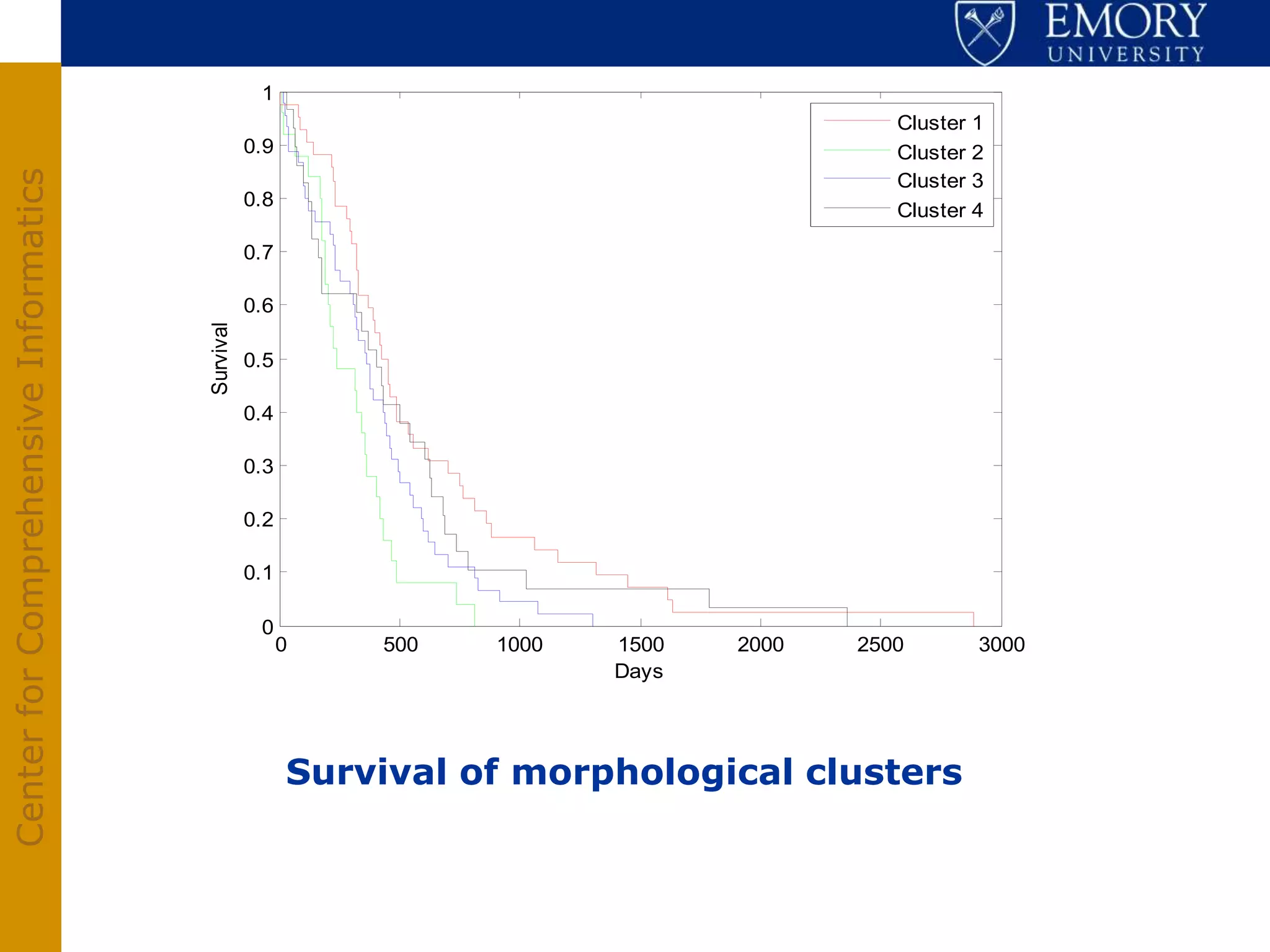 1
                                                                                          Cluster 1
                                                  0.9                                     Cluster 2
Center for Comprehensive Informatics



                                                                                          Cluster 3
                                                  0.8
                                                                                          Cluster 4

                                                  0.7

                                                  0.6
                                       Survival




                                                  0.5

                                                  0.4

                                                  0.3

                                                  0.2

                                                  0.1

                                                   0
                                                        0   500   1000   1500   2000   2500       3000
                                                                         Days




                                                        Survival of morphological clusters
 
