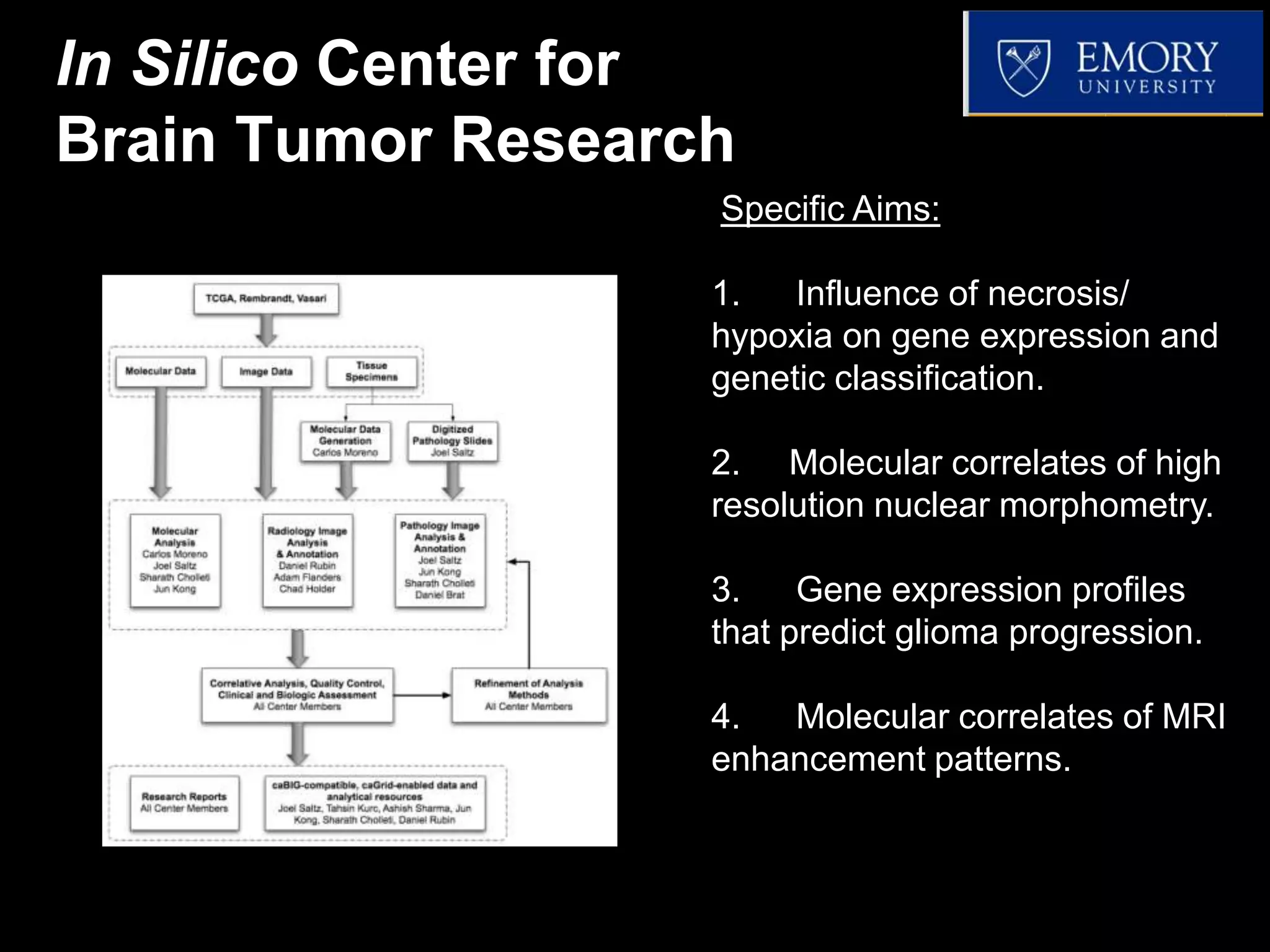 In Silico Center for
Brain Tumor Research
                   Specific Aims:

                   1.   Influence of necrosis/
                   hypoxia on gene expression and
                   genetic classification.

                   2. Molecular correlates of high
                   resolution nuclear morphometry.

                   3.    Gene expression profiles
                   that predict glioma progression.

                   4.  Molecular correlates of MRI
                   enhancement patterns.
 