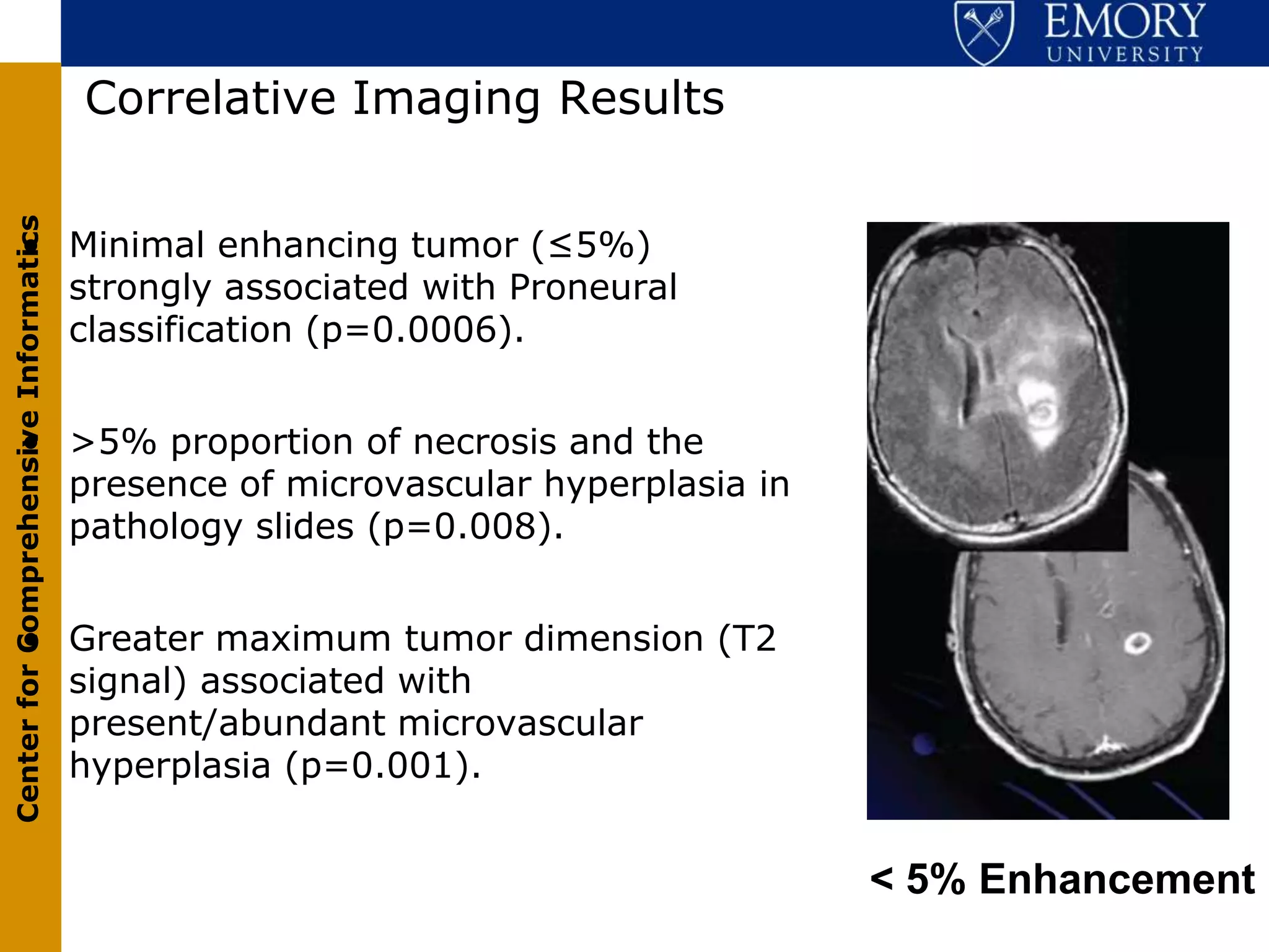 Correlative Imaging Results
Center for Comprehensive Informatics




            • Minimal enhancing tumor (≤5%)
              strongly associated with Proneural
              classification (p=0.0006).


            • >5% proportion of necrosis and the
              presence of microvascular hyperplasia in
              pathology slides (p=0.008).


            • Greater maximum tumor dimension (T2
              signal) associated with
              present/abundant microvascular
              hyperplasia (p=0.001).


                                                                     < 5% Enhancement
 