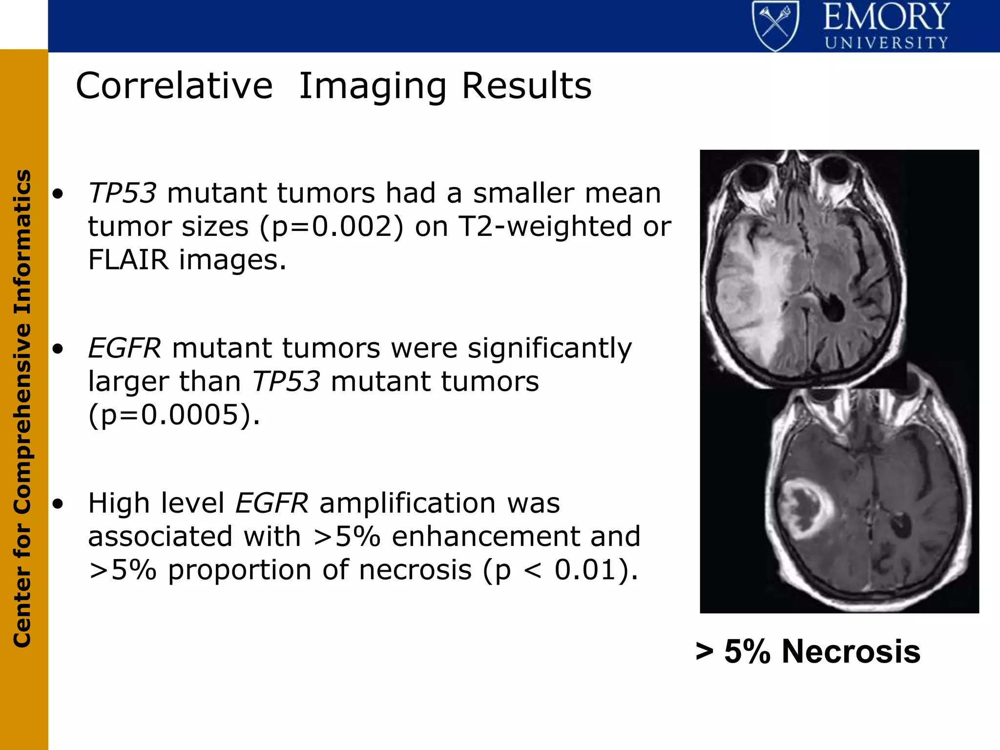 Correlative Imaging Results
Center for Comprehensive Informatics




                                       • TP53 mutant tumors had a smaller mean
                                         tumor sizes (p=0.002) on T2-weighted or
                                         FLAIR images.


                                       • EGFR mutant tumors were significantly
                                         larger than TP53 mutant tumors
                                         (p=0.0005).


                                       • High level EGFR amplification was
                                         associated with >5% enhancement and
                                         >5% proportion of necrosis (p < 0.01).

                                                                                   > 5% Necrosis
 