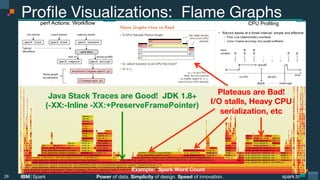 Power of data. Simplicity of design. Speed of innovation.
IBM Spark
 spark.tc
spark.tc
Power of data. Simplicity of design. Speed of innovation.
IBM Spark
Proﬁle Visualizations: Flame Graphs
29
Example: Spark Word Count
Java Stack Traces are Good! JDK 1.8+
(-XX:-Inline -XX:+PreserveFramePointer)
Plateaus are Bad!
I/O stalls, Heavy CPU 
serialization, etc
 