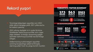 Rekord yuqori
 Torontoga kelayotgan sayyohlar soni 2022-
yilda rekord darajaga yetdi, 2021-yilda esa bu
ko‘rsatkich pastroq.
 2022-yilning dastlabki to‘rt oyida Qo‘shma
Shtatlardan tashrif buyuruvchilar soni o‘tgan
yilga nisbatan 14 foizga, dunyoning qolgan
qismidan tashrif buyuruvchilar esa 8,8 foizga
oshgan.
 Dollarimizning tushib ketgani sayyohlar
sonining ko‘payishiga sabab bo‘lmoqda,
ularning pullari hozir bu yerga borishi mumkin
 