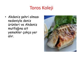 Toros Koleji
• Akdeniz şehri olması
nedeniyle deniz
ürünleri ve Akdeniz
mutfağına ait
yemekler çokça yer
alır.
 