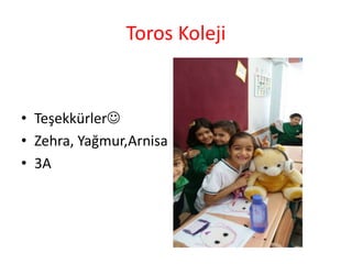 Toros Koleji
• Teşekkürler
• Zehra, Yağmur,Arnisa
• 3A
 